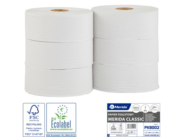 Papier toaletowy MERIDA CLASSIC , biały, średnica 28 cm, długość 480 m, jednowarstwowy, zgrzewka 6 szt., ECOLABEL